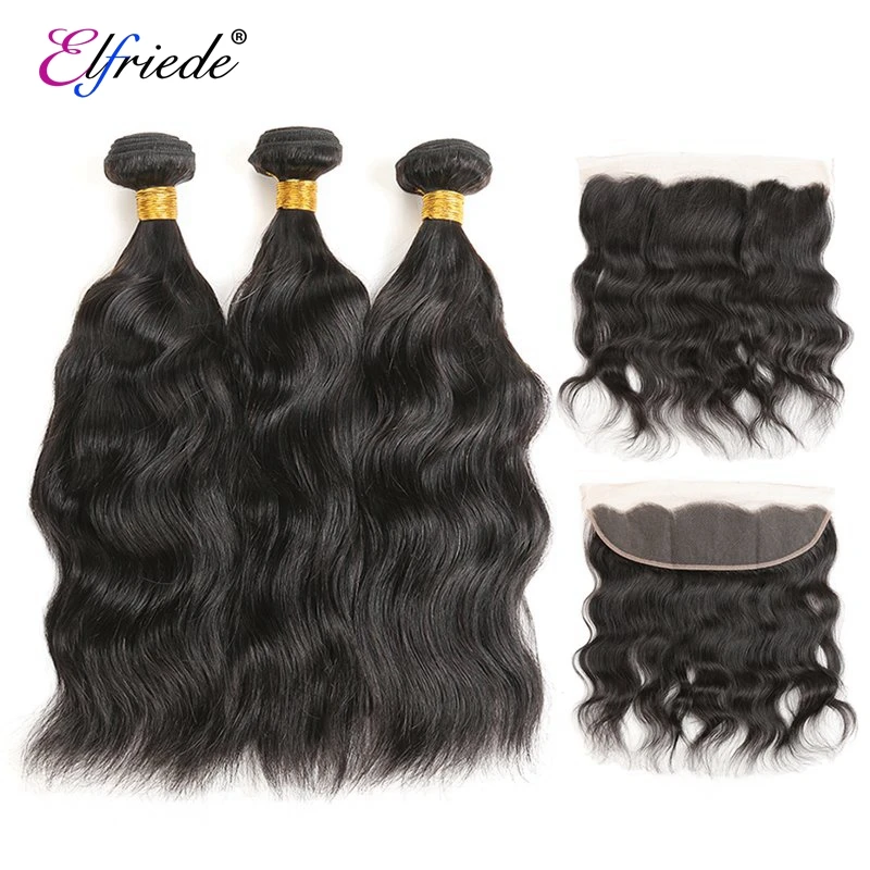 Elfriede Natural Wave Bundles with Frontal Brazilian Remy 100% Human Hair Weaves Natural Black 3 Bundles with Lace Frontal 13x4