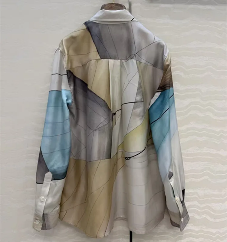Customization European women's clothing - new summer styles for 2026 Long-sleeved button-down printed silk blouse shirt
