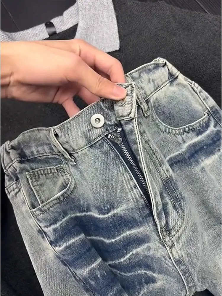 American Retro Diagonal Cut Men's Jeans Spring Autumn Lightning Pattern Curved Blade Straight Leg Flared Pants High Street Vibe