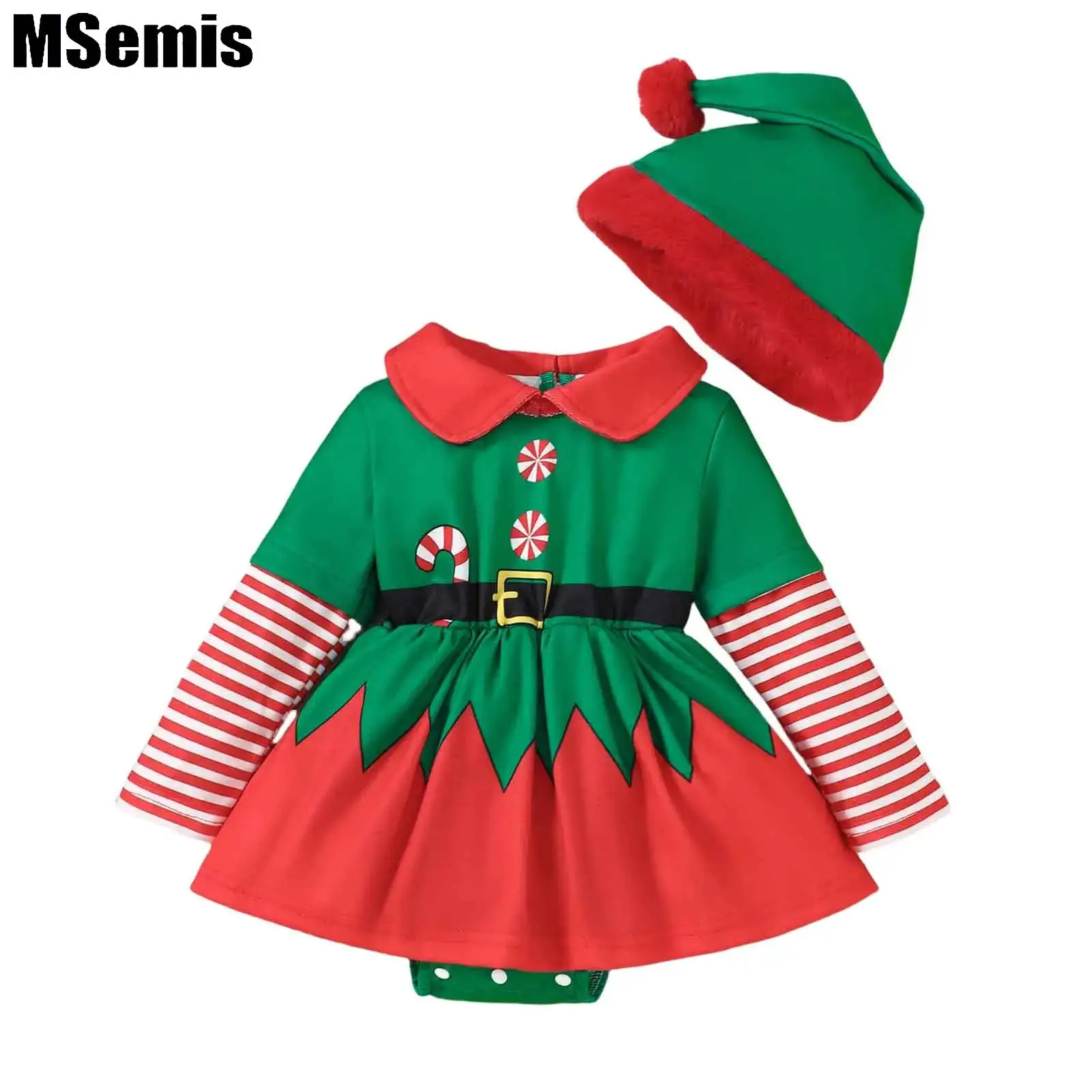 

Infant Baby Girls Christmas Bodysuit Clothes Cartoon Snowflake Print Bow Cake Skirt Xmas New Year Gift Baby Dress Hat Set