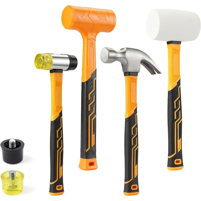 

Hammer Set 4-Piece with Fiberglass Handle,1LB Dead Blow Hammer,16oz White Rubber Mallet,35mm Double-Faced Soft Mallet