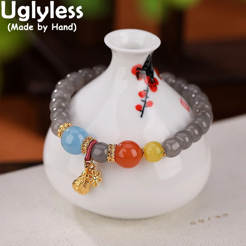 

Uglyless Hotan New Gemstones Grey Jade Bracelets Women 925 Sterling Silver Jewelry Multi Gemstones Bracelets Agate Aquamarine