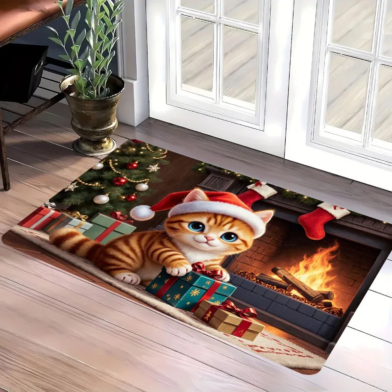 Christmas Ginger Cat Doormat Santa Hat Kitten Fireplace Gift Box Xmas Print Entry Mat for Front Home Xmas New Year Gift