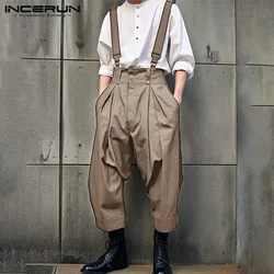 INCERUN 2024 Korean Style New Men's Overalls Solid Color Casual Jumpsuits Stylish Streetwear Male All-match Simple Rompers S-5XL