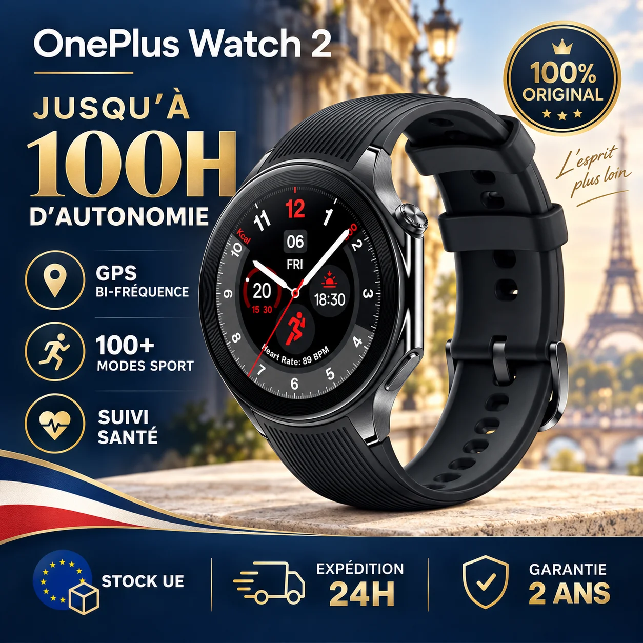 Nuovo Smartwatch OnePlus Watch 2 con Schermo AMOLED da 1,43'', Batteria da 500mAh, Oltre 100 Modalità Sportive, 2GB+32GB, 46mm, WiFi, GPS, IP68, Google Pay