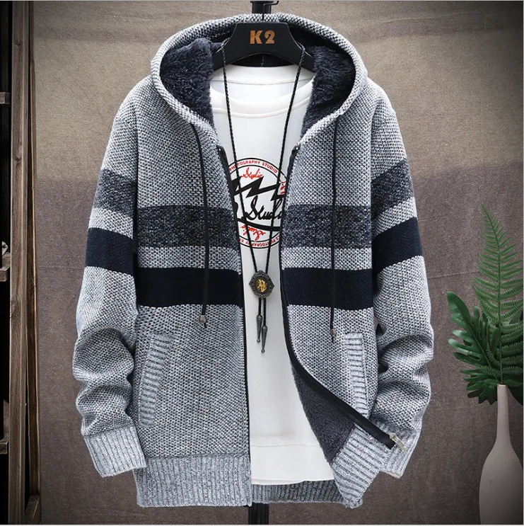 Men's Colorblock Hooded Knitted Jacket, Fleece-Lined Winter Coat, Thick Warm Zipper Mans Sweaters Jackets