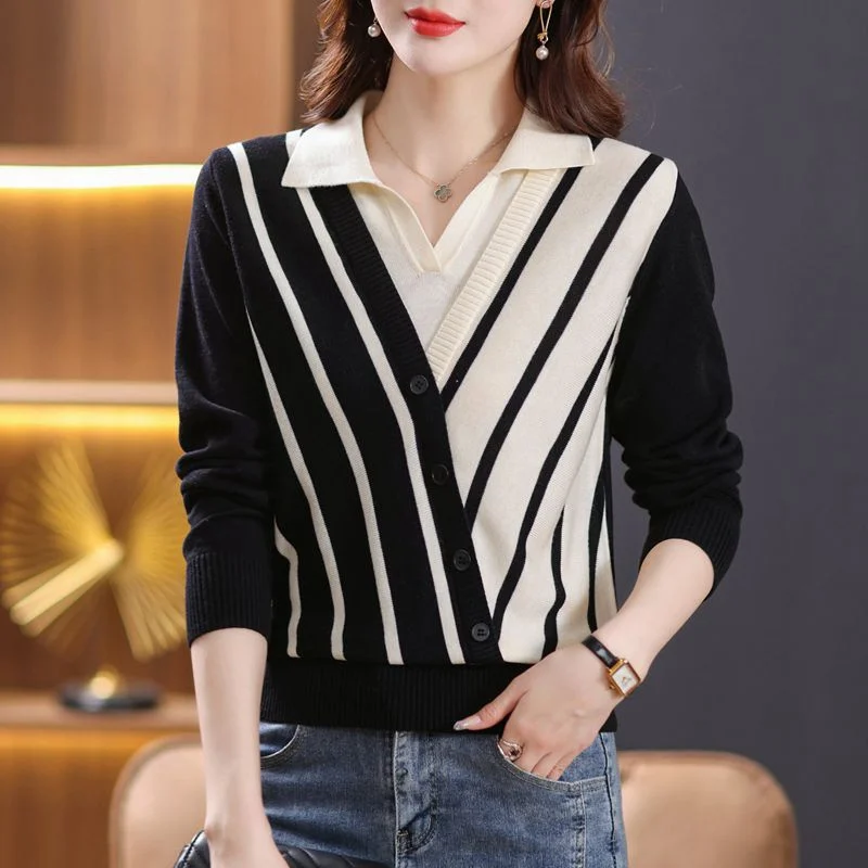 Women Sweater Pullover New Autumn Striped Long Sleeve Loose Short Fake Two Piece Bottom Shirt Casual Knit Sweater Female  Jumper