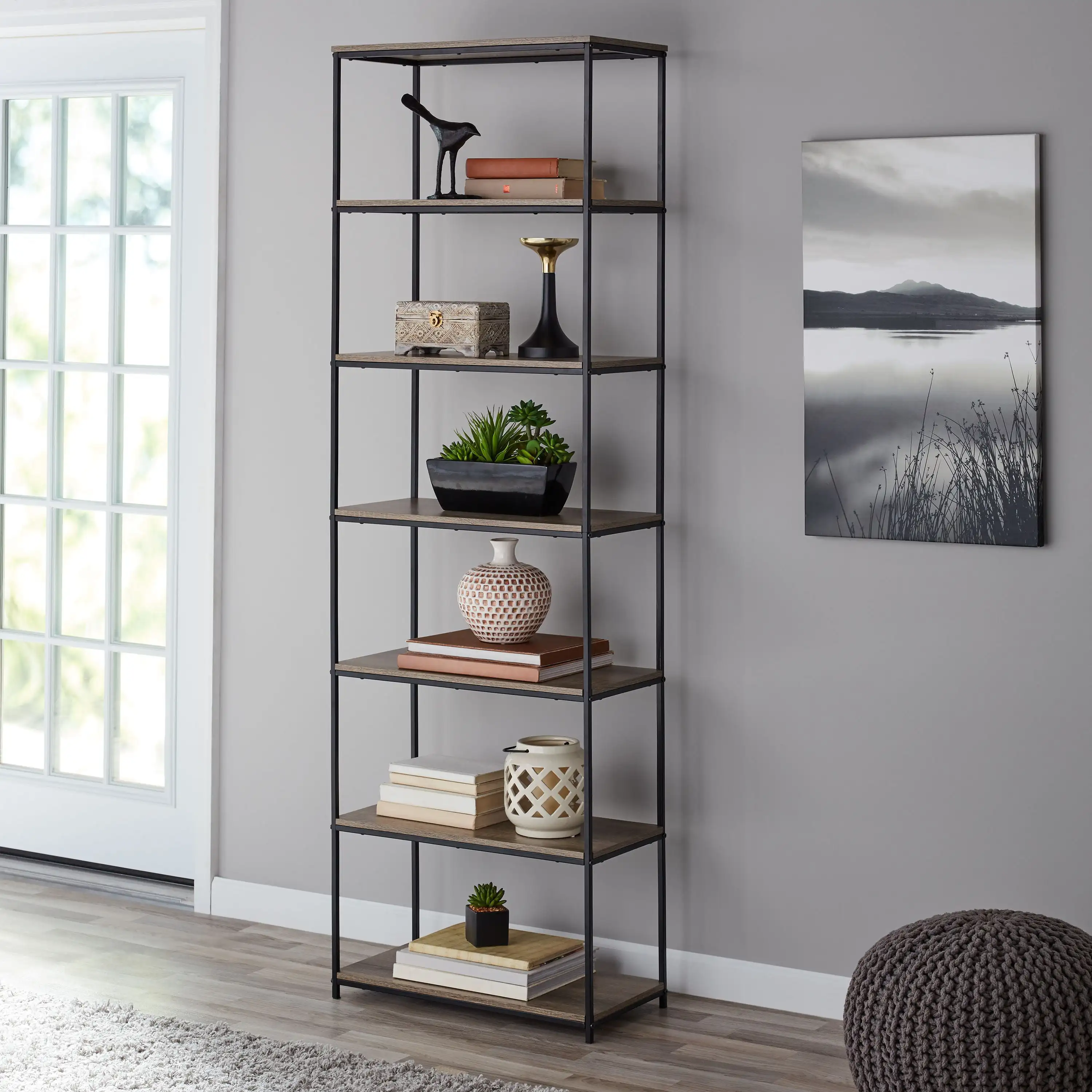 

6-Shelf Metal Frame Bookcase, Rustic Brown