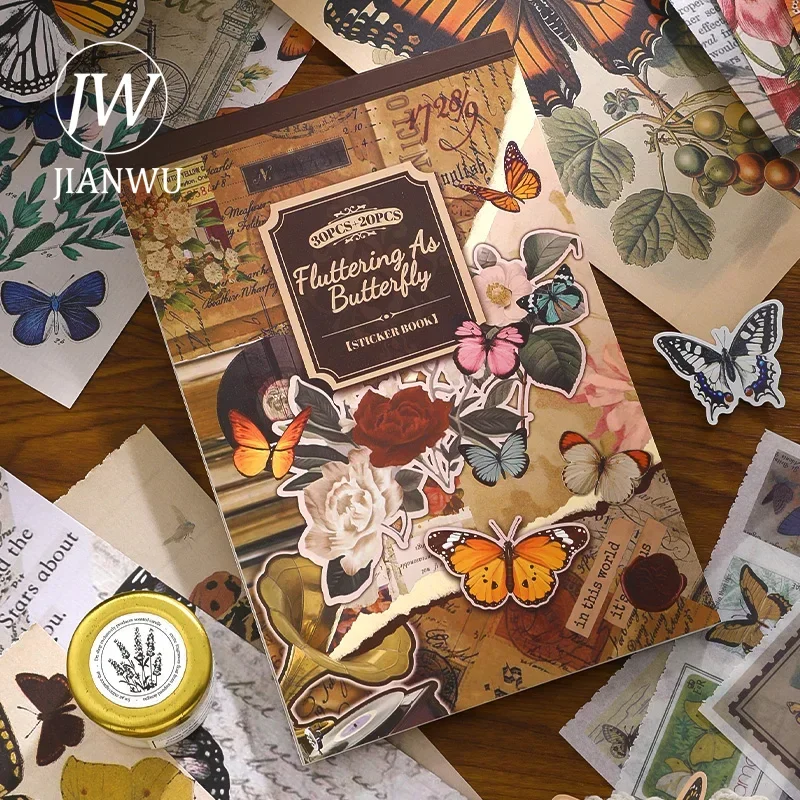 JIANWU Dream Free Series Vintage Butterfly Flower Collage Decor Material Paper Sticker Book Creative DIY Journal Stationery