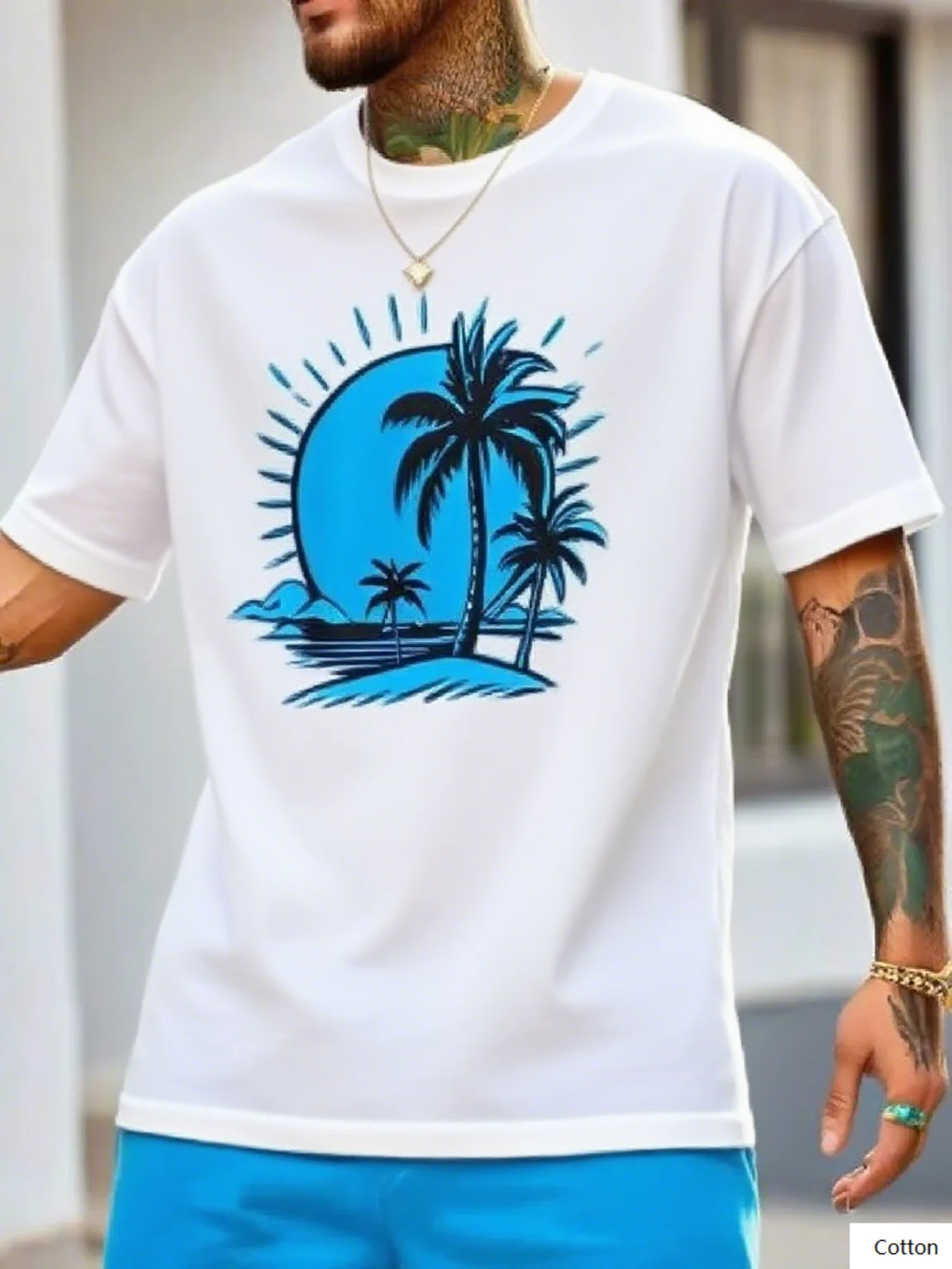 تي شيرت قطني برسومات شجرة النخيل والقمر على طراز العطلة الاستوائية - قميص علوي مثالي للشاطئ والمظهر غير الرسمي تي شيرت S-4XL