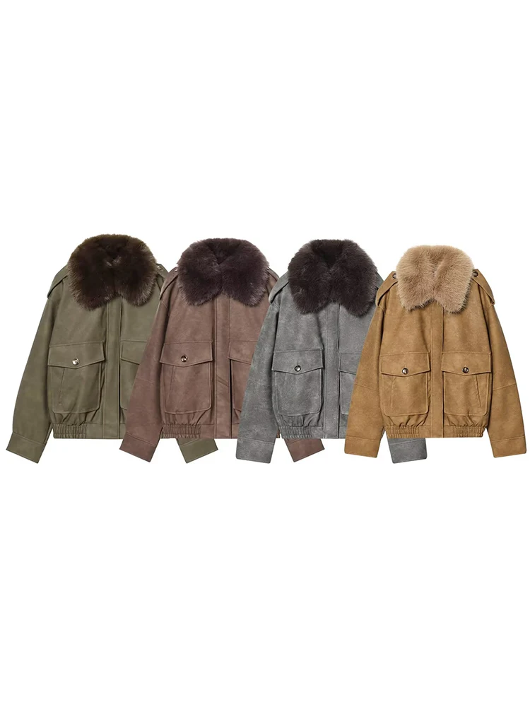 

New European-style women's fashion jacket, versatile, stylish, casual, loose-fitting, solid color with large fur collar.