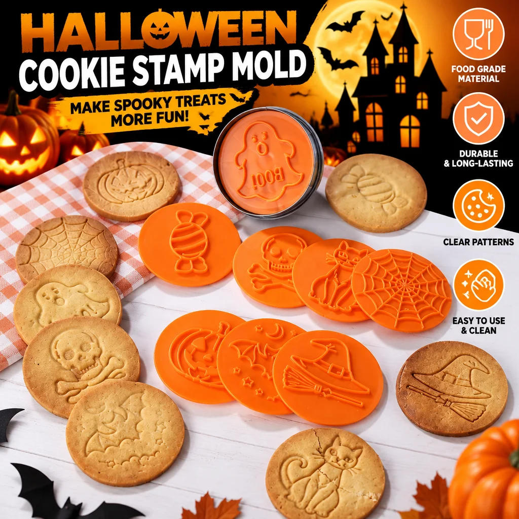 Creative Halloween Magnetic Cookie Stamp Mold Set, 8 Pieces, Interchangeable Embossing Cutters and DIY Pastry Fondant Press Baki