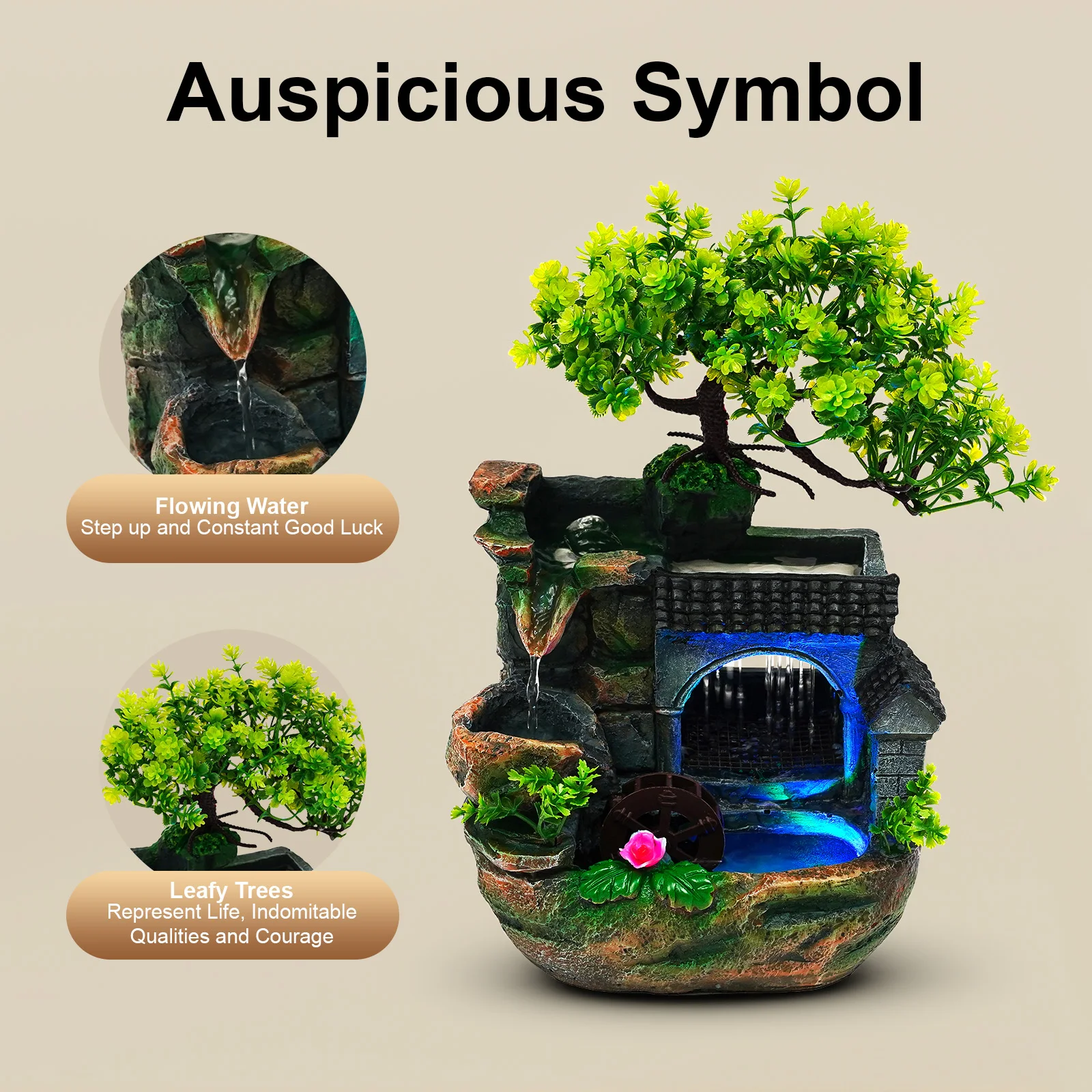 Tabletop Resin Water Fountain Hand Carved Mini Desktop Waterfall with Color Changing LED Light Adjustable Water Pump Natural Landscape Decor for Office Bedroom Living Room Desk Gift