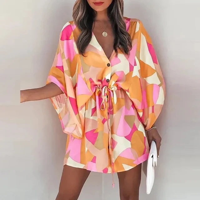 Women Casual Loose Dress Beach Boho Dress Fashion Vintage Print V Neck Drawstring Mini Dress Summer Dresses Robe Femme 2022