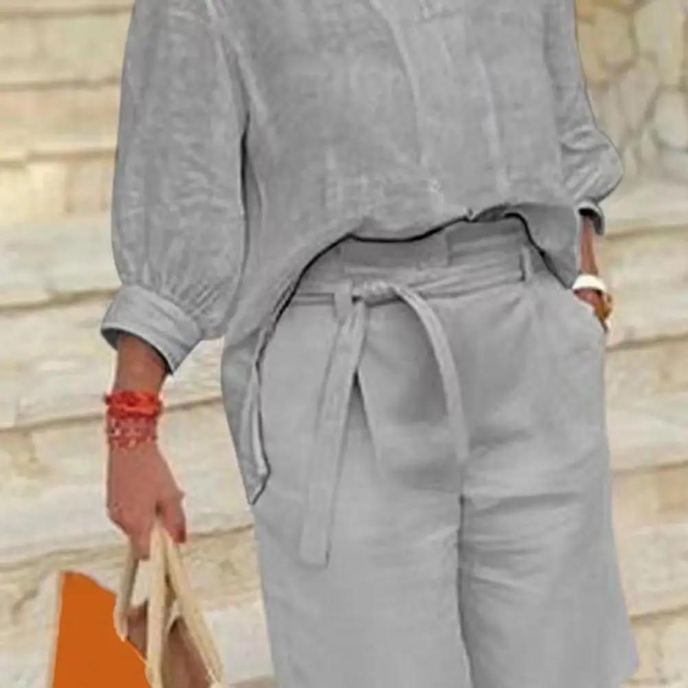Cotton Linen Women's Two Piece Set Casual V-Neck Half Sleeve Lapel Shirt And Belted Wide Leg Shorts Summer Lounge Set 80% view 5