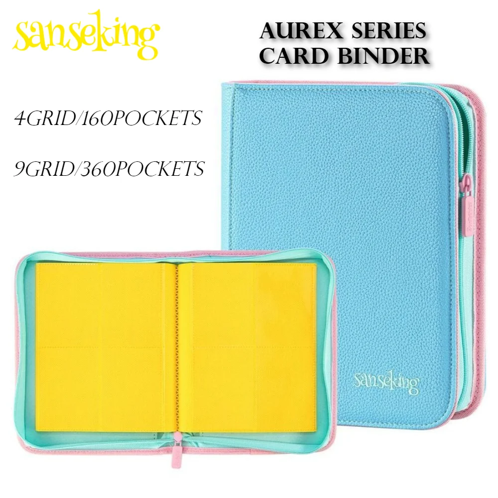 SANSEKING AUREX Zipper Card Album 4/9 Pocket Binder, 160/360 Slots for Pokemon PTCG Sports Cards, PU+PP, with Embroidered Logo