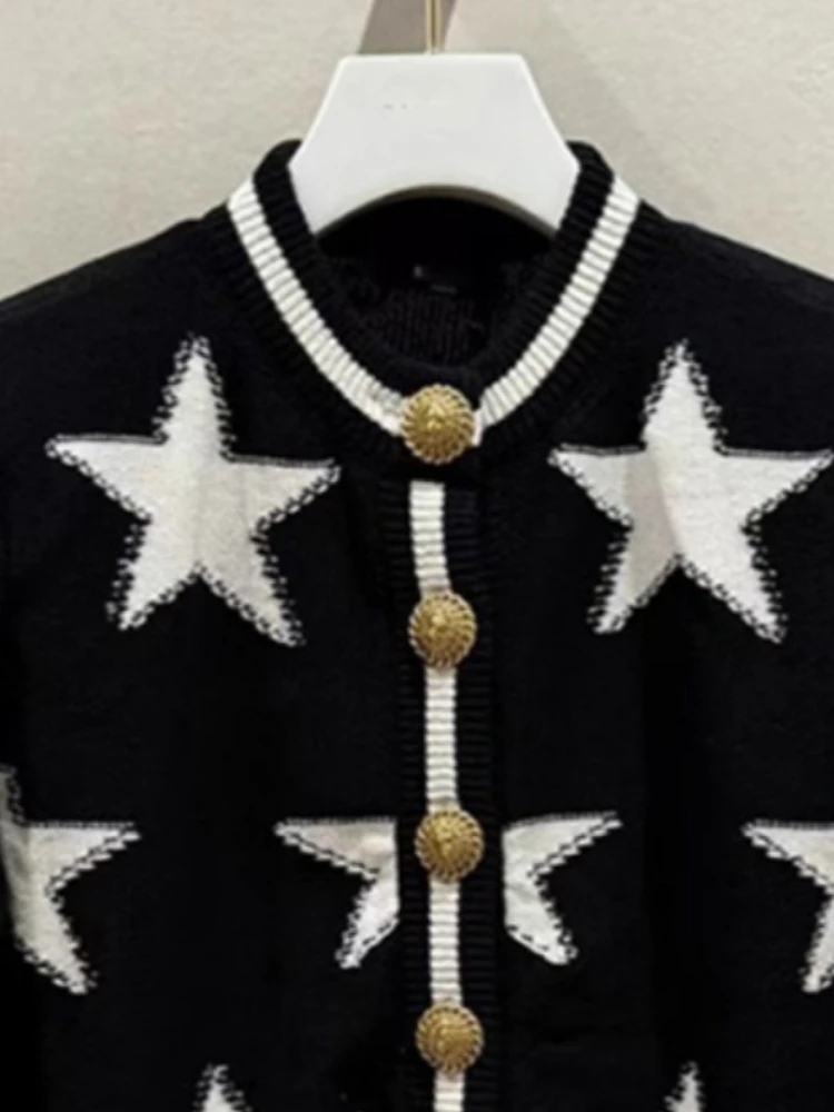 

Women Single Breasted Knitted Simple Cardigans Y2k Aesthetic Contrast Color Star Sweaters Streetwear Grunge Casual Cropped Coats