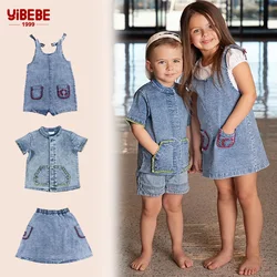 6m-12t 2024 New Summer Spring Denim Famliy Clothing Set Girls Suspender Dress Skirt Baby Sleeveless Romper Overall Boys Shirt