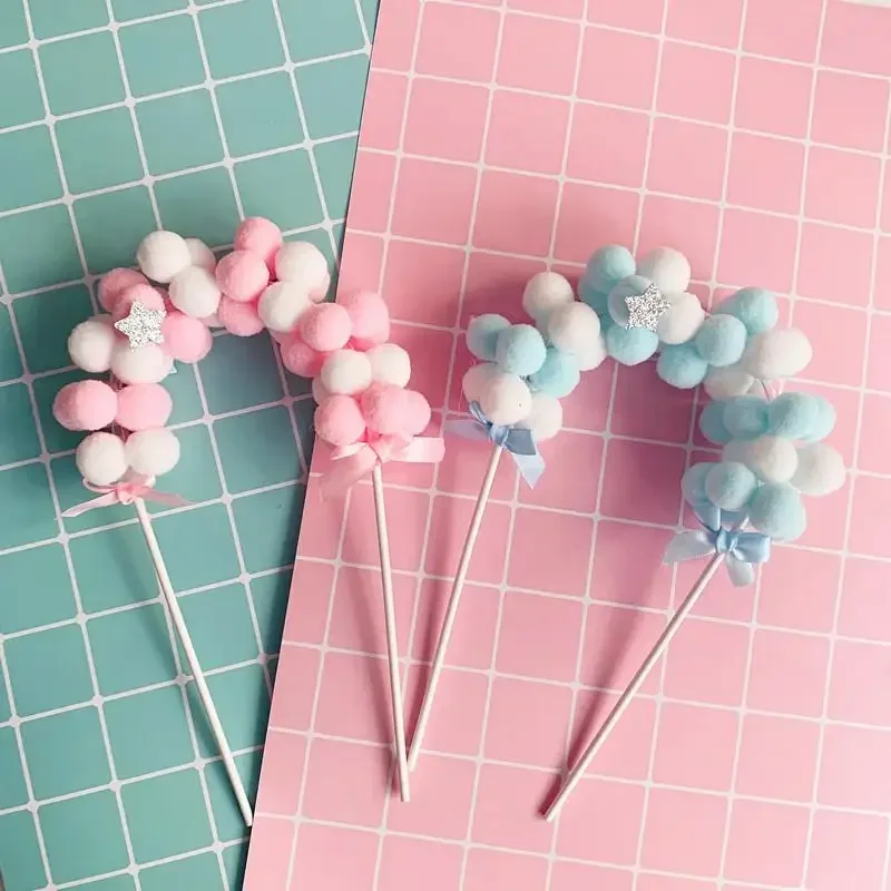 Rosa Blau Weiche Pompom Wolke Kuchen Topper Baby Dusche Geburtstag DIY Kuchen Top Flaggen Dekoration Festival Party Supplies