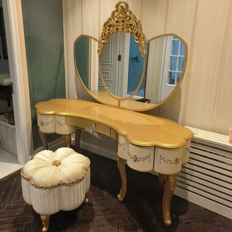

LJY*solid wood dressing, American painted makeup table, small apartment LED makeup mirror storage cabinet