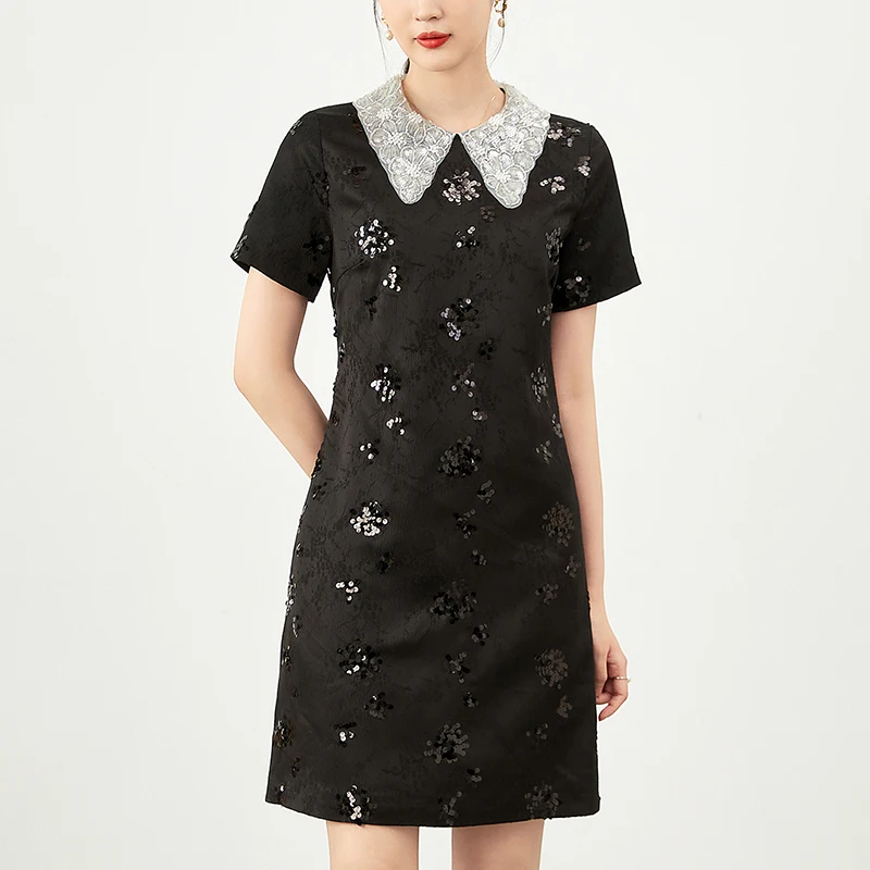 

Elegant Party Dresses For Women 2024 Summer Peter pan Collar Short Sleeve Sequins Women's Clothing Vintage Jacquard Dress Black