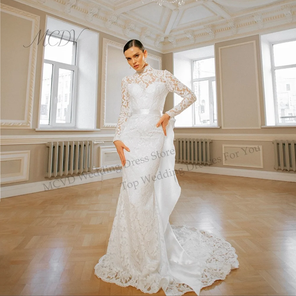 

Elegant Lace Mermaid Wedding Dresses 2026 Luxury High Neck Applique Bride Gowns With Bows Sweep Train vestidos novias Customized