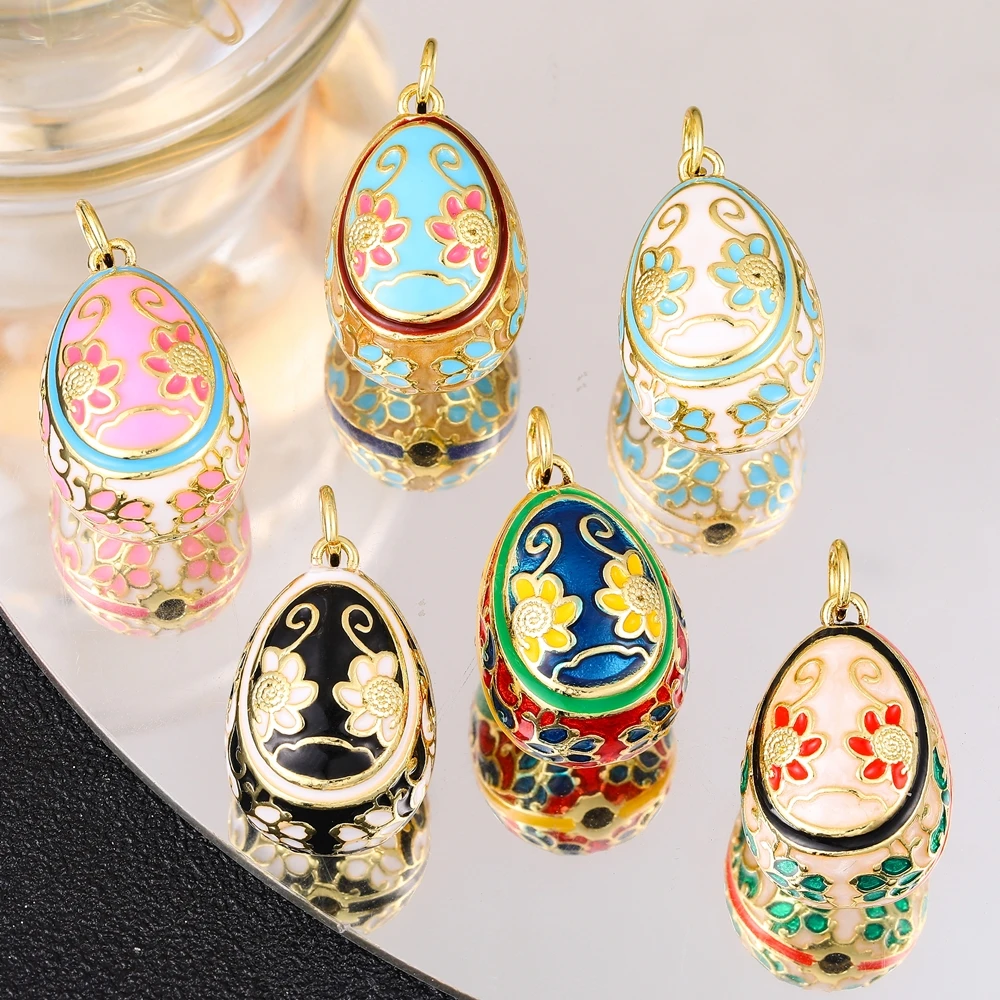 Juya 18K Real Gold Plated Handicraft Enamel Decorations Supplies Hollow Oval Royal Flower Charms For DIY Luxury Jewelry Making