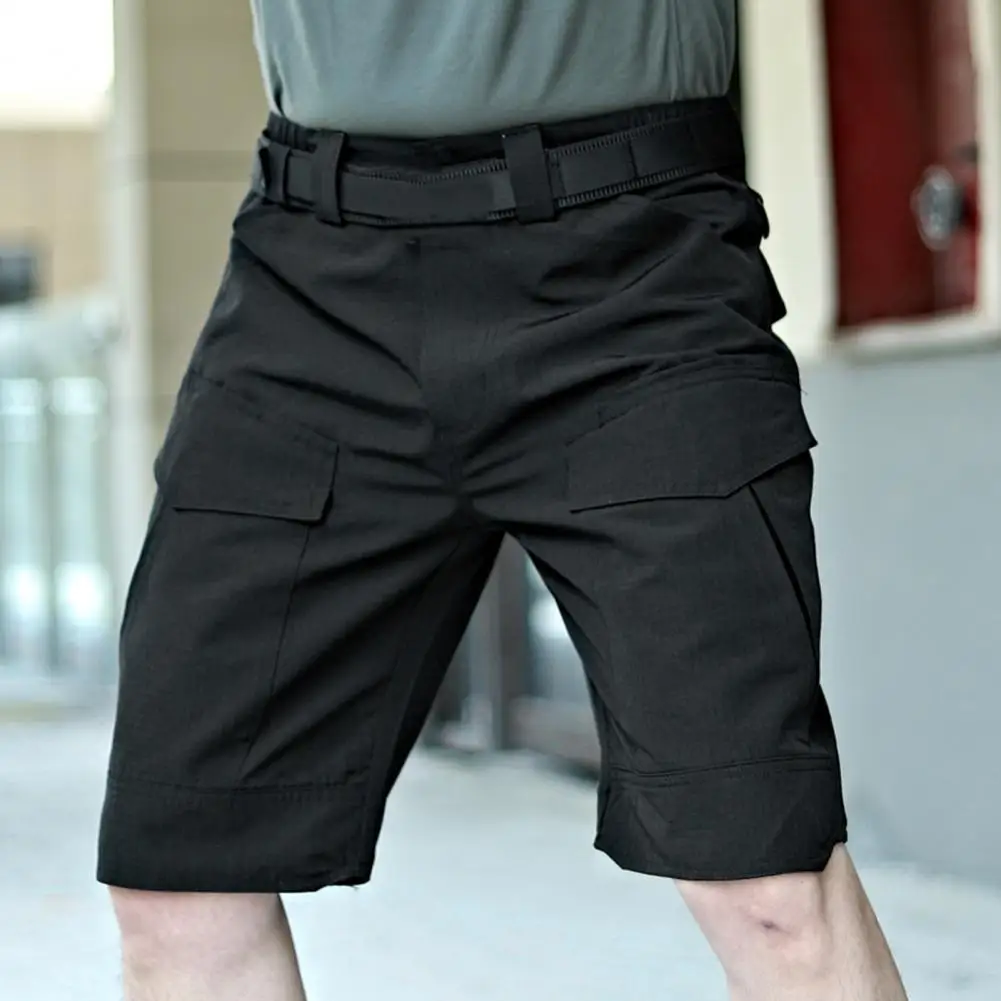 Solid Color Casual Shorts Men\'s Summer Cargo Shorts with Elastic Waist Multiple Pockets Wear-resistant Fabric for Outdoor