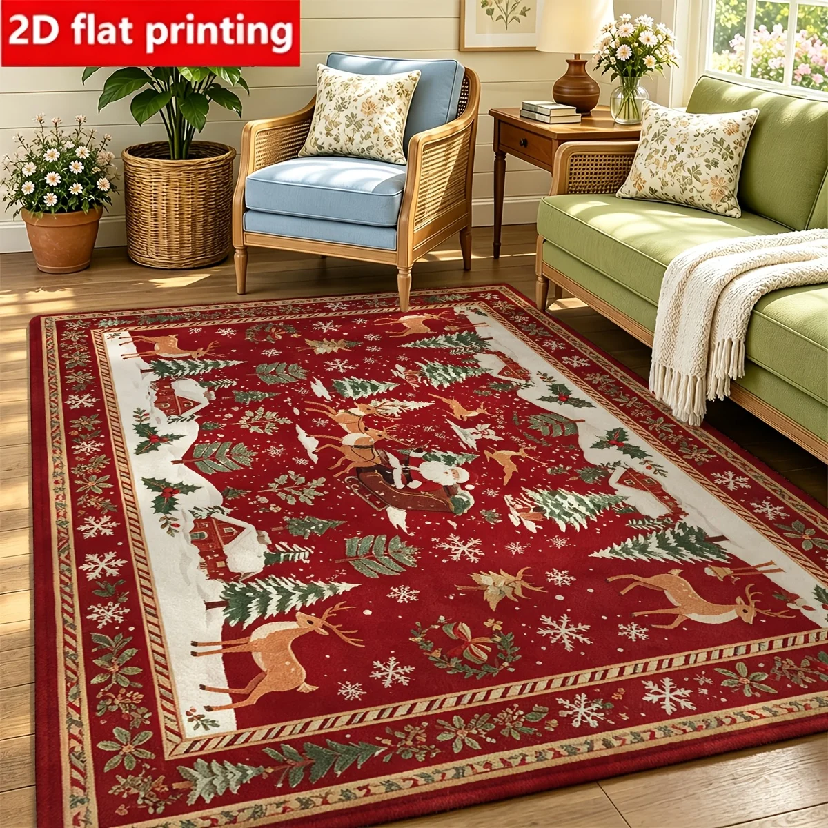1pc 2D Flat Santa Sleigh Reindeer Christmas Printed Floor Mat, Decorative Rug for Living Room, Bedroom, Home