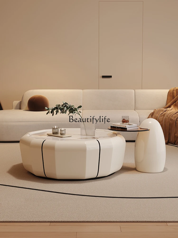 

Cream Style Large and Small Round Stone Tea Table Set for Home Use in Small Apartments Round Tea Table