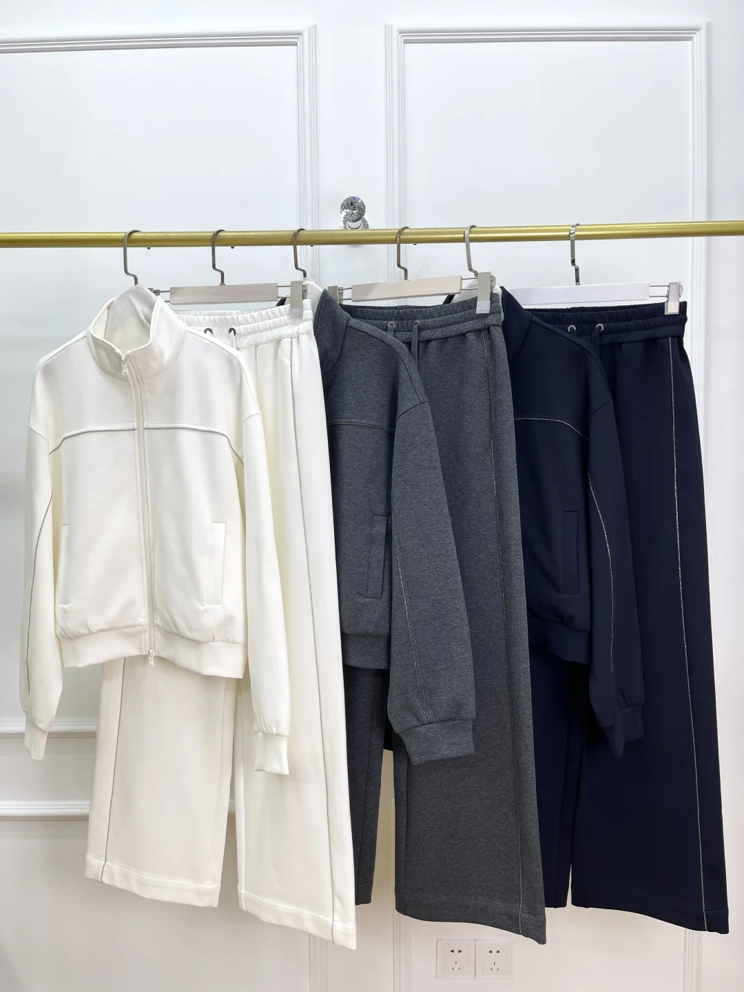 

Women's Cotton Blend Pants Suit Beaded Chain Stand Collar Long Sleeve Coat +Elastic Waist Straight Pants Loose Suit