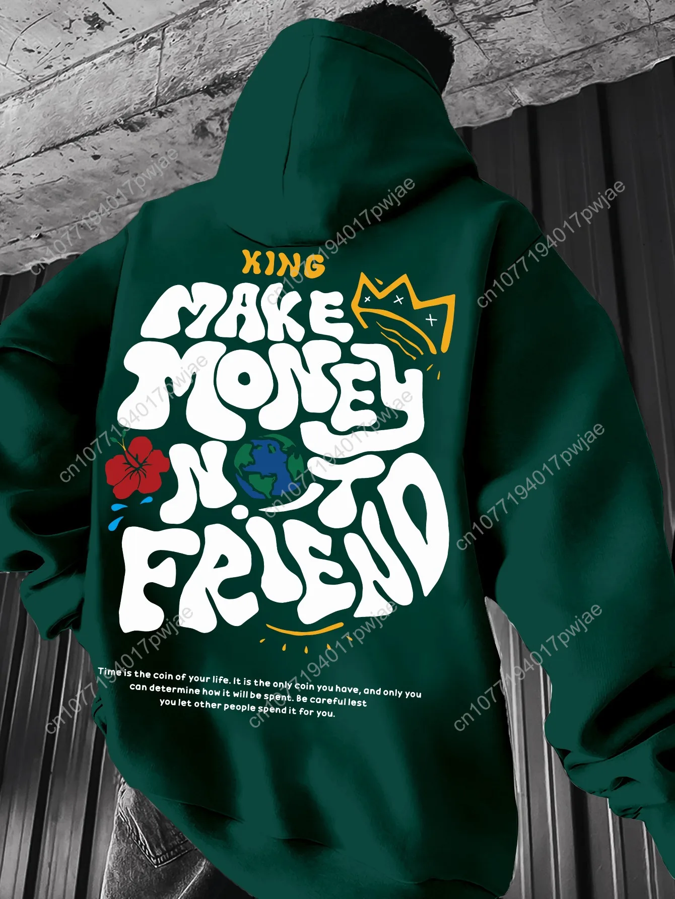 Felpa casual con cappuccio da uomo - Stampa geometrica nera con grafica e design a corona Bold "MAKE MONEY NOT FRIEND", vestibilità regolare Spr