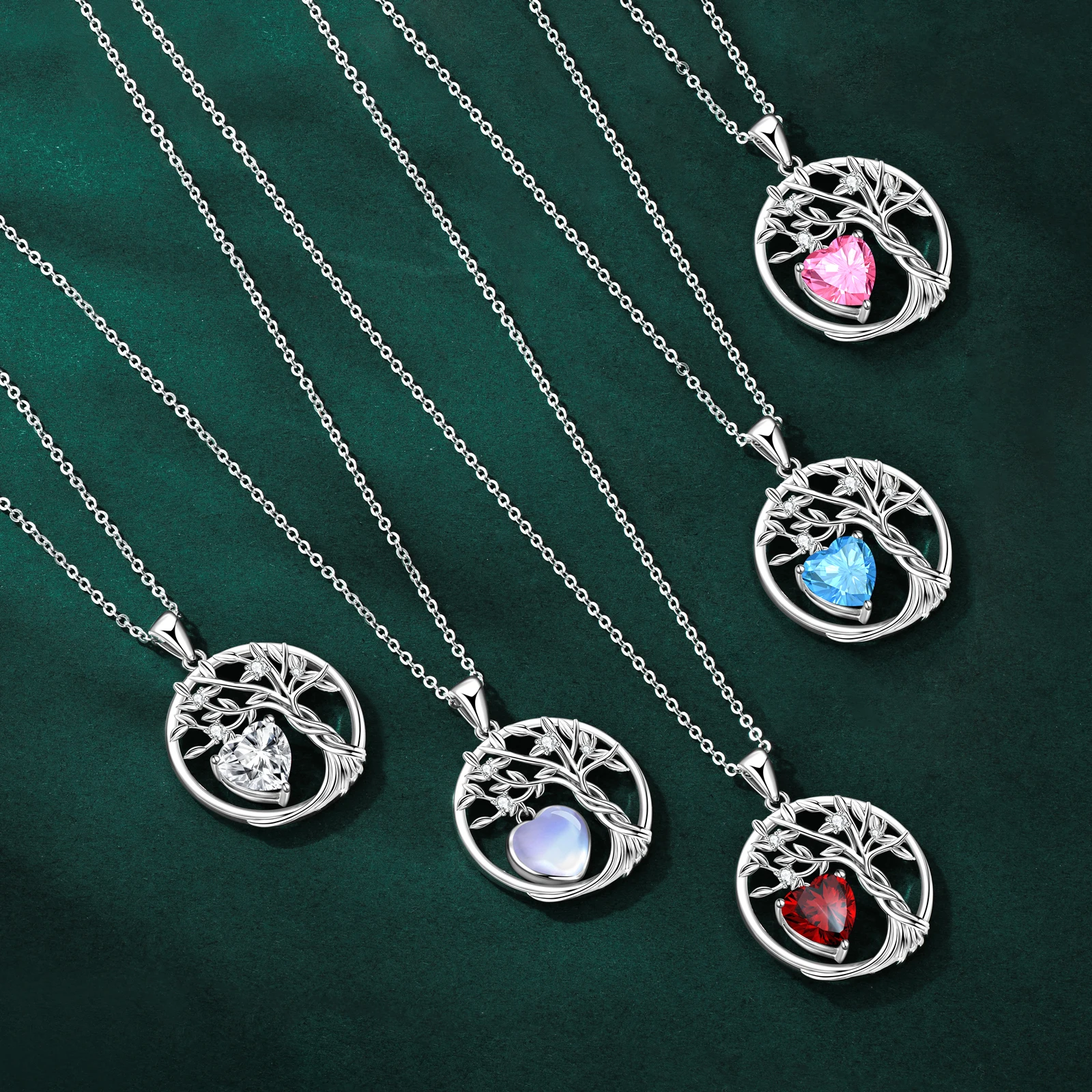

RAPRGOLD Love Heart Birthstone Tree of Life Round Pendant Necklace for Women 925 Sterling Silver Chain Wedding Fine Jewelry Gift