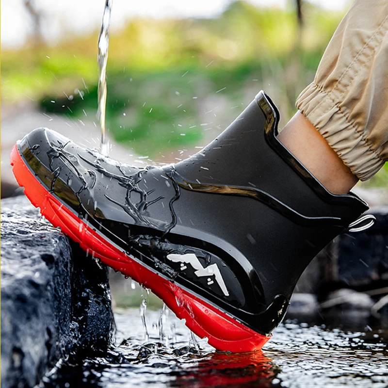 New Men Casual Waterproof Rain Boots Fashion Men Outdoor Slip-on Fishing Shoes Chef Work Ankle Boots Anti-slip Warm Water Shoes