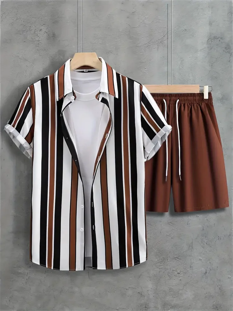 2024 Summer Men's Casual Commuter Suit Men's Striped Printed Shirt Short Sleeve Shorts 2-Piece Men's Hawaiian Beach Style Wear