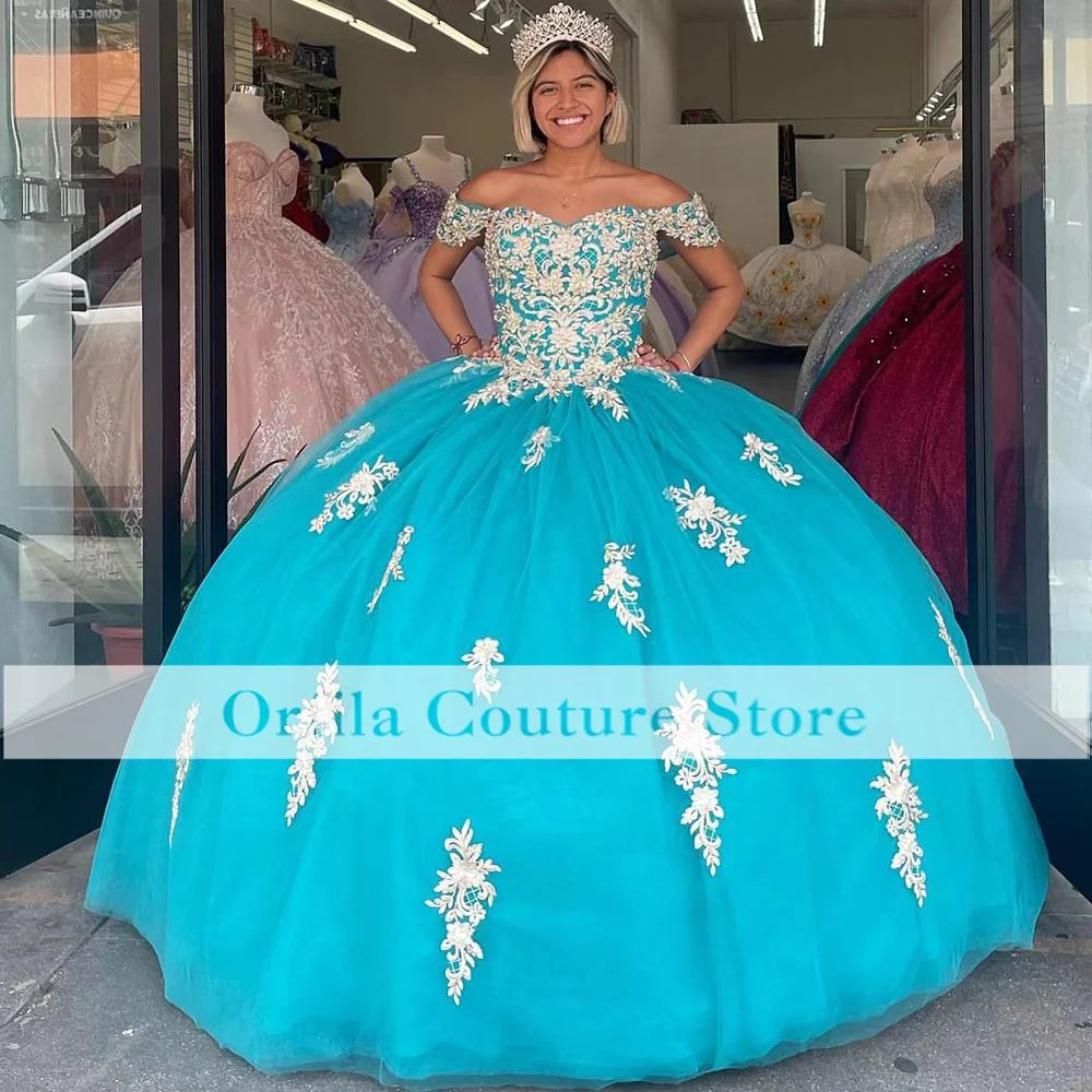 Orfila Vestidos De XV Años Floral Quinceanera Dresses Off Shoulder Appliques Lace Sweet 16 Dress Mexican Prom Gowns 2022