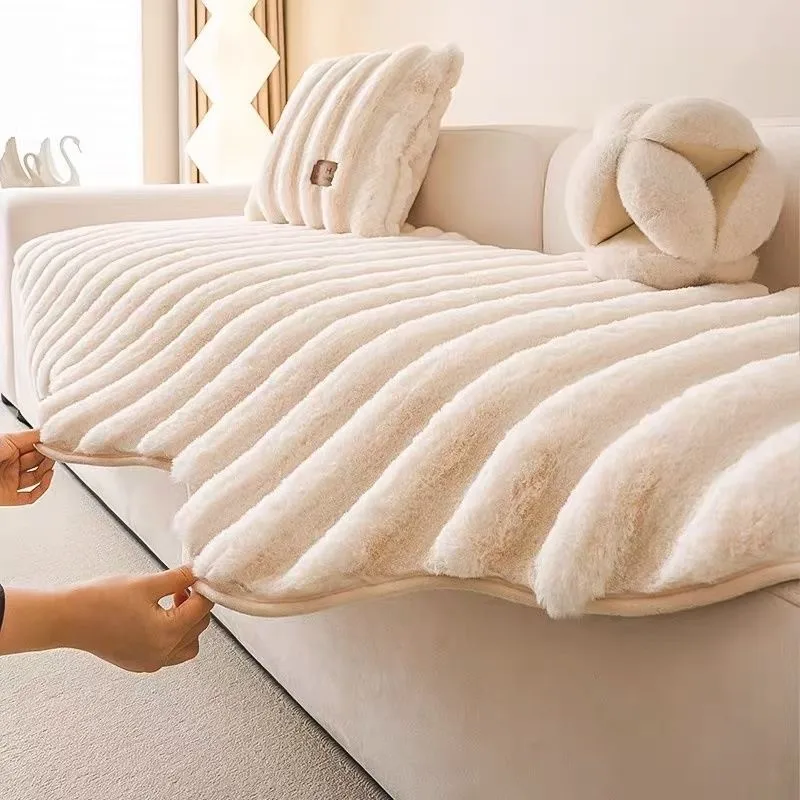 Anti Slip Washable Winter Plush Irregular Hem Vertical Stripe Rabbit Fur Furniture Protector Sofa Cover