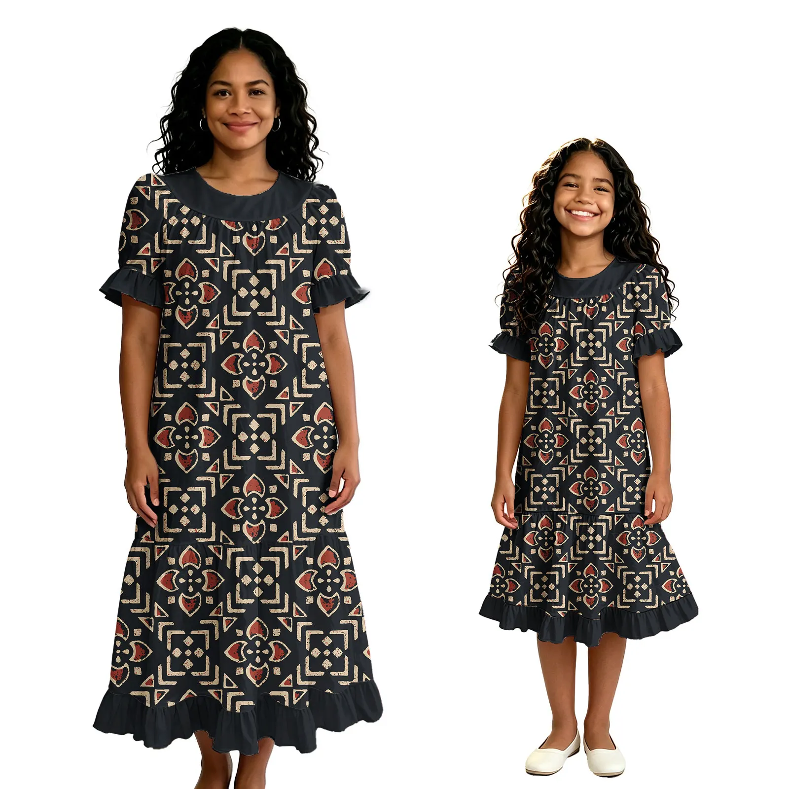 New Arrivals Mother Kids Clothes Tribal Design Custom Women Samoan Dress Girls Hawaiian Dress Ruffles Sleeve Parent-Child Outfit