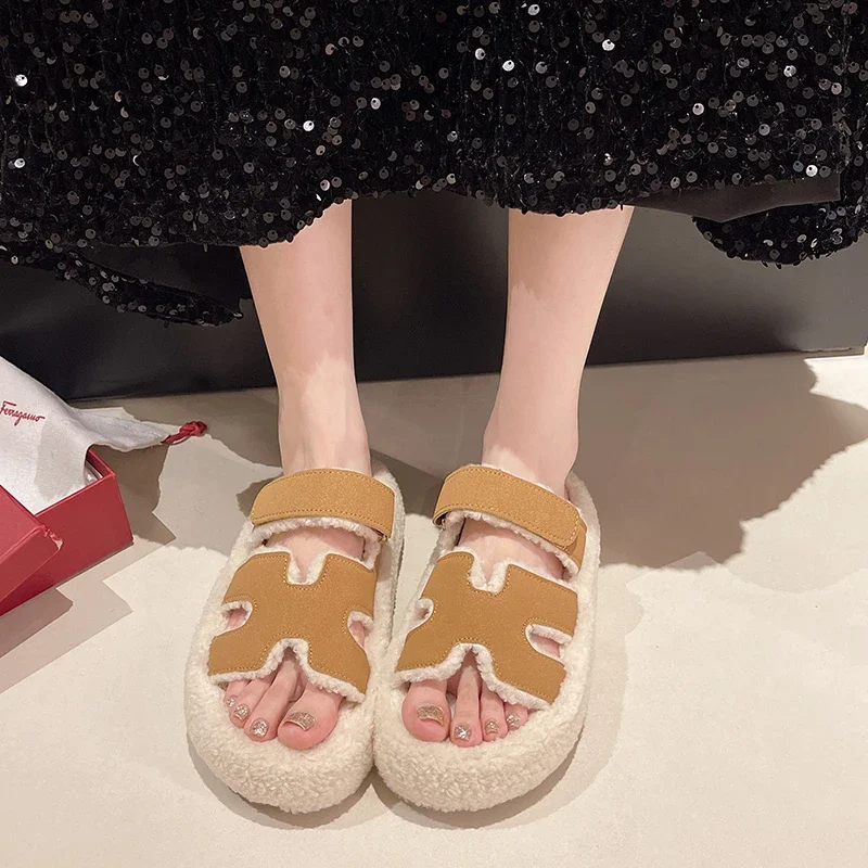 Thick Plush Slippers for Womens Outerwear 2024Autumn and Winter New Korean Style Fairy Style Plush Cotton Slippers