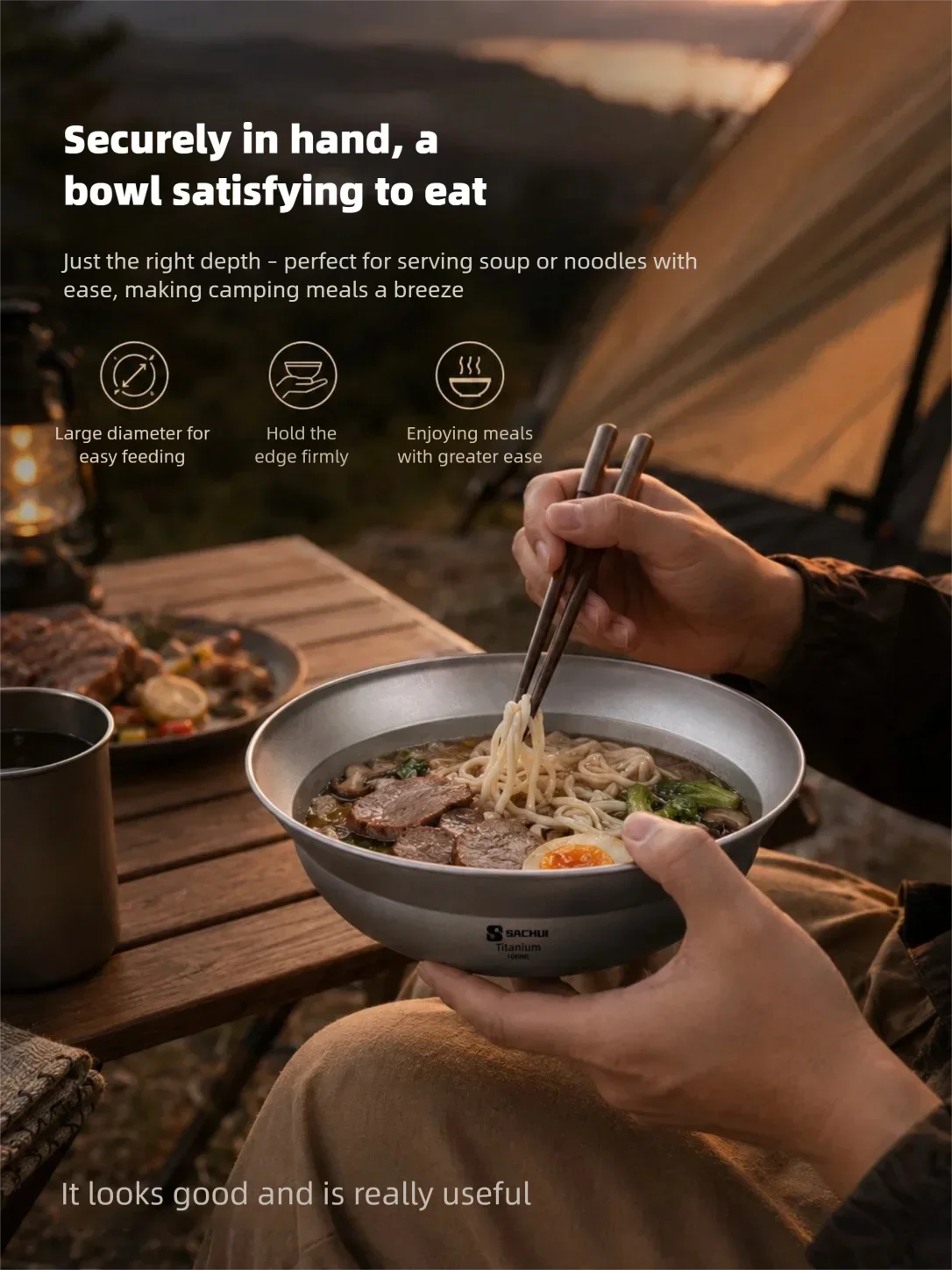 Reines Titan Camping-Geschirr: Große Schüssel, Teller, Besteck für Outdoor, Wandern, Reisen – Ultraleichte, tragbare Salatschalen und Lamian-Tischware – Detail 6