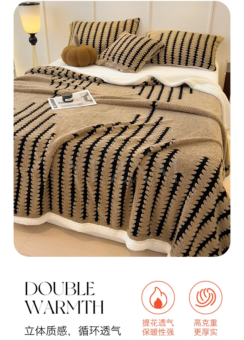 Double Layer Fleece Warm Winter Blanket Striped Thick Plush Blanket for Single Double Bed Multipurpose Sofa Throw Blanket Autumn