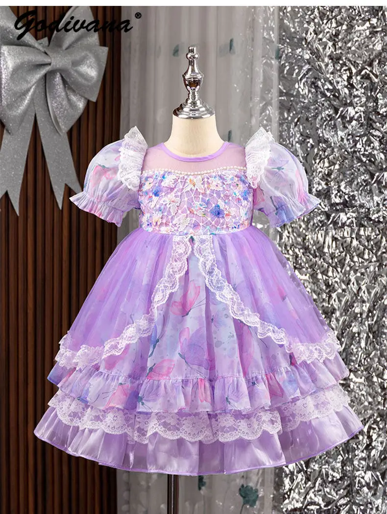 Girls 2026 New Summer High End Fashion Floral Print Princess Lolita Dress Kids Heavy Embroidery Puff Sleeve Lace Trim Tutu Dress