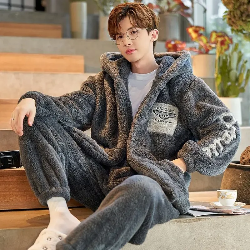 Men's pajamas wintertime Coral fleece intensification Autumn winter teenager Pupil Large size fallow loungewear set men pajamas