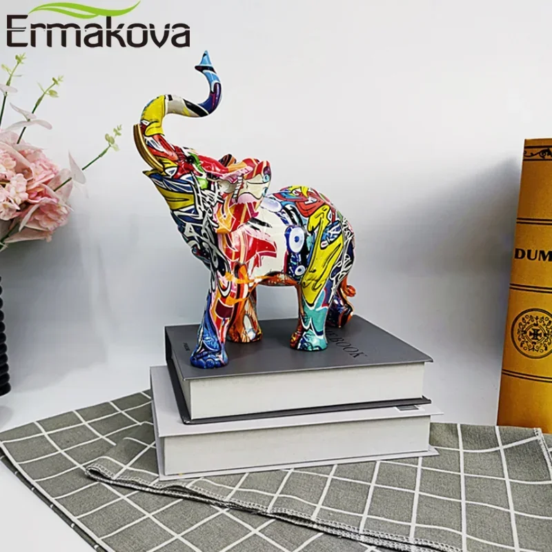 ERMAKOVA Nordic Painting Graffiti Elephant Sculpture Figurine Art Elephant Statue Creative Resin Crafts Home Decoration Gift