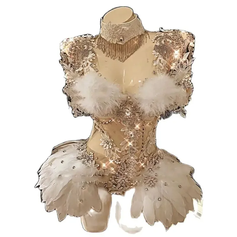 Full Diamond Feather Cutout Bodysuit Sexy Pole Dance Clothing Bar Nightclub Ds Dj Women Gogo Costumes Stage Rave Outfit XS6266
