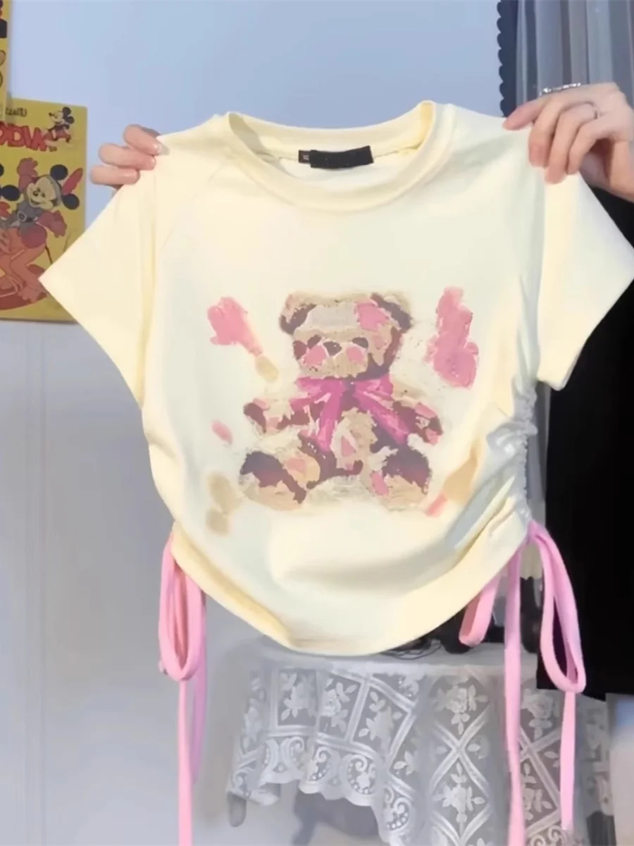 

Летняя женская футболка с коротким рукавом и принтом Dopaamine Bear, утягивающая талию, в корейском стиле, повседневный топ, новинка 2024 года