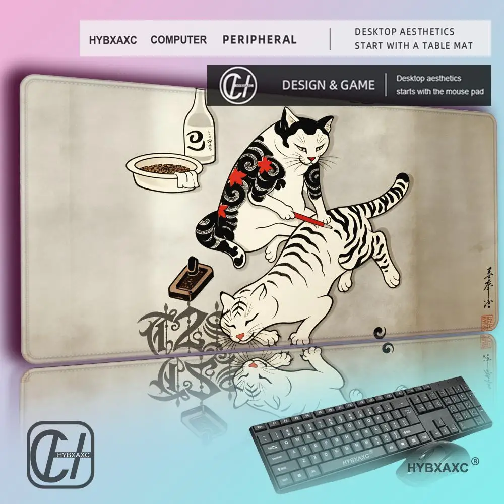 HYBXAXC Japanese Ukiyo-e Samurai Cat Mouse Pad, Irezumi Art Desk Mat, Non-slip Gaming Office Pad