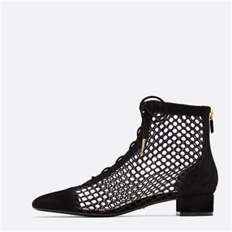 

Black Nets Lace Up Summer Booties Block Heel Ankle Boots