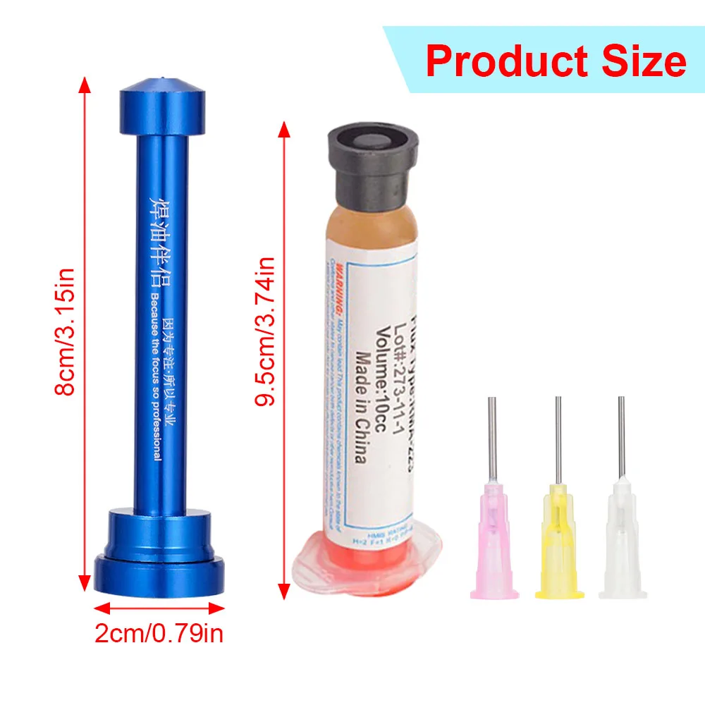 Aluminum Alloy Push Rod Tube Solder Paste Flux Booster Manual Syringe Flux Booster Rod Dispenser Propulsion Tool + 3pcs Needles