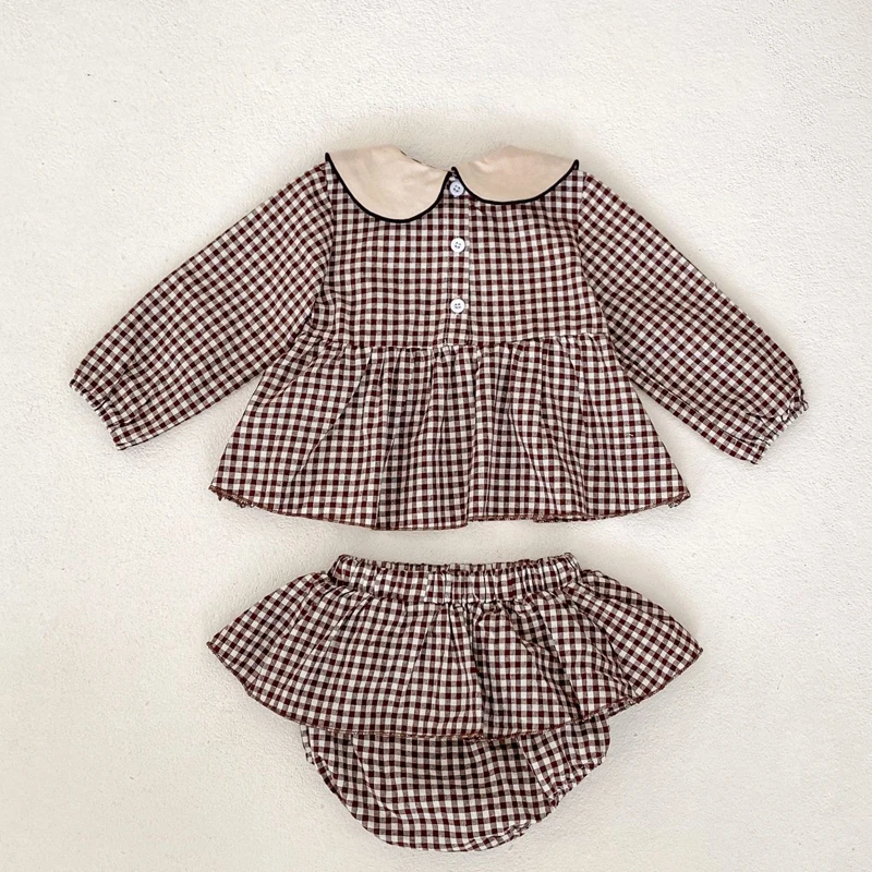 Autunno nuovo abbigliamento per bambini, 0-5 anni bambino femminile, colletto per bambole top a scacchi ricamato + gonna gonna pantaloni avvolti set